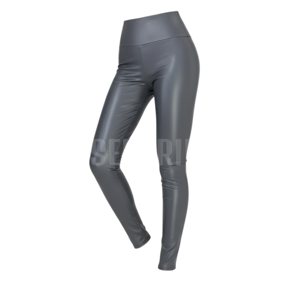Women's High-Waisted Shiny Faux Leather Leggings - Gray
